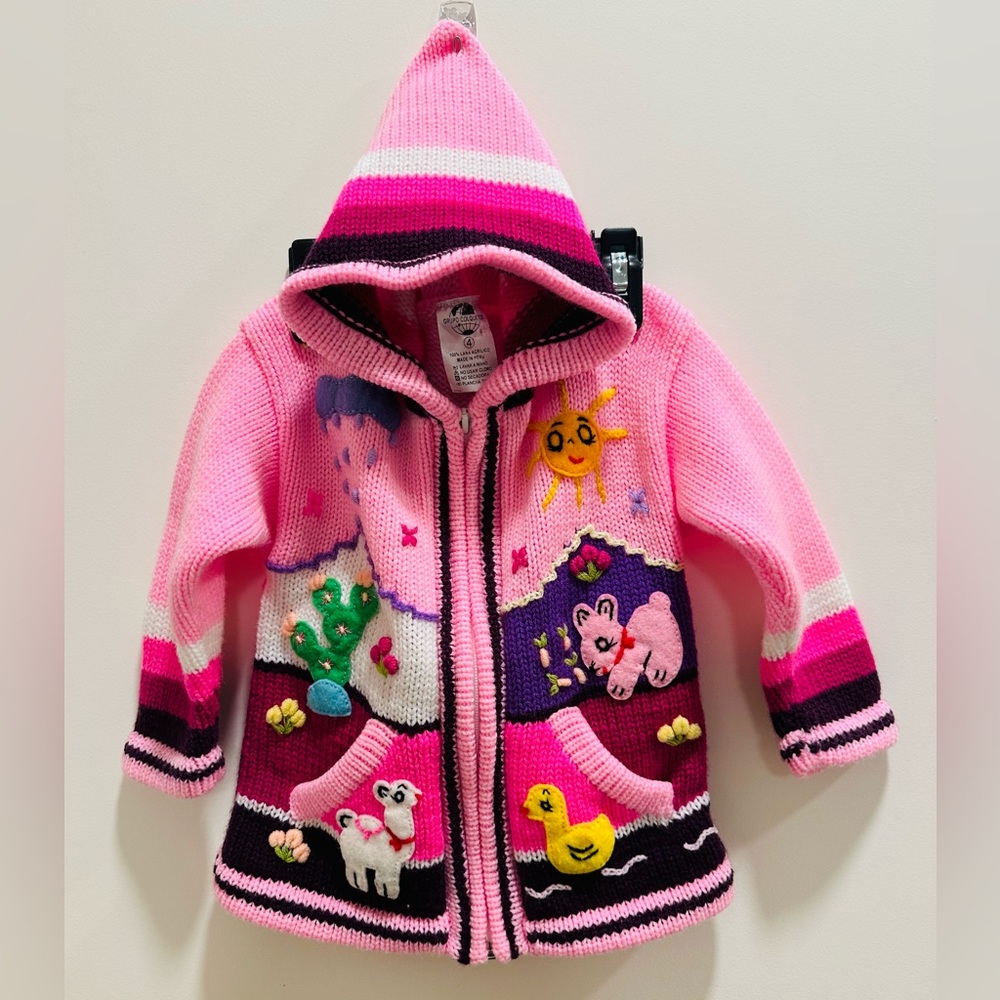 Girl's 4T Pink Colorful Peruvian
Knitted Wool Sweater Cute
Embroidered Print